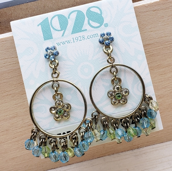 New (Old Stock) 1928 Rhinestone Hoop Floral Dangly Earrings - Picture 4 of 5